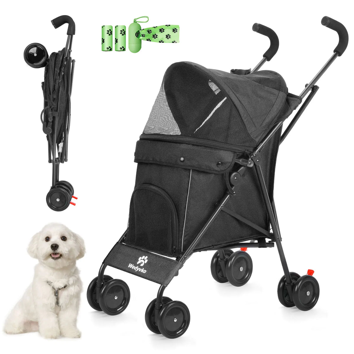 FanzyMarket 4-wheel pet stroller for dogs and cats with rotating front wheels, brakes, and storage for travel and outdoor use.