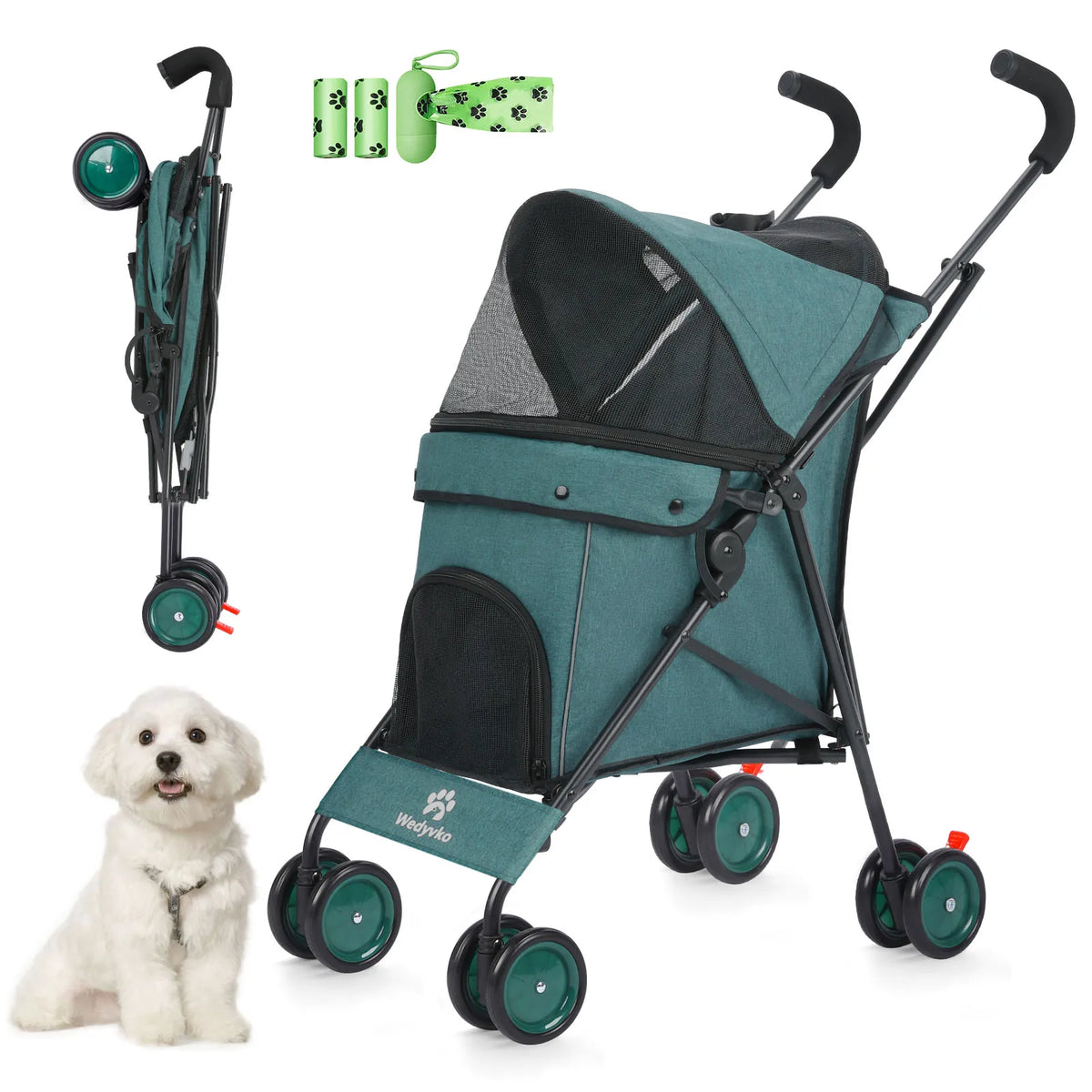 FanzyMarket 4-wheel pet stroller for dogs and cats with rotating front wheels, brakes, and storage for travel and outdoor use.