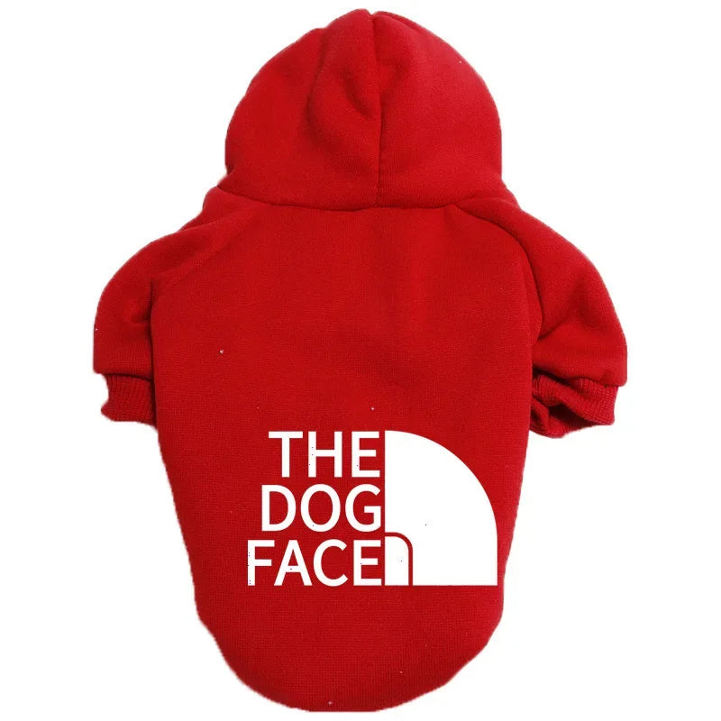 Large dog hoodie with autumn winter dog face text pattern, suitable for French Bulldogs and Labradors, by FanzyMarket.