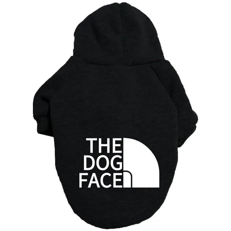 Large dog hoodie with autumn winter dog face text pattern for French Bulldog and Labrador, made by FanzyMarket.
