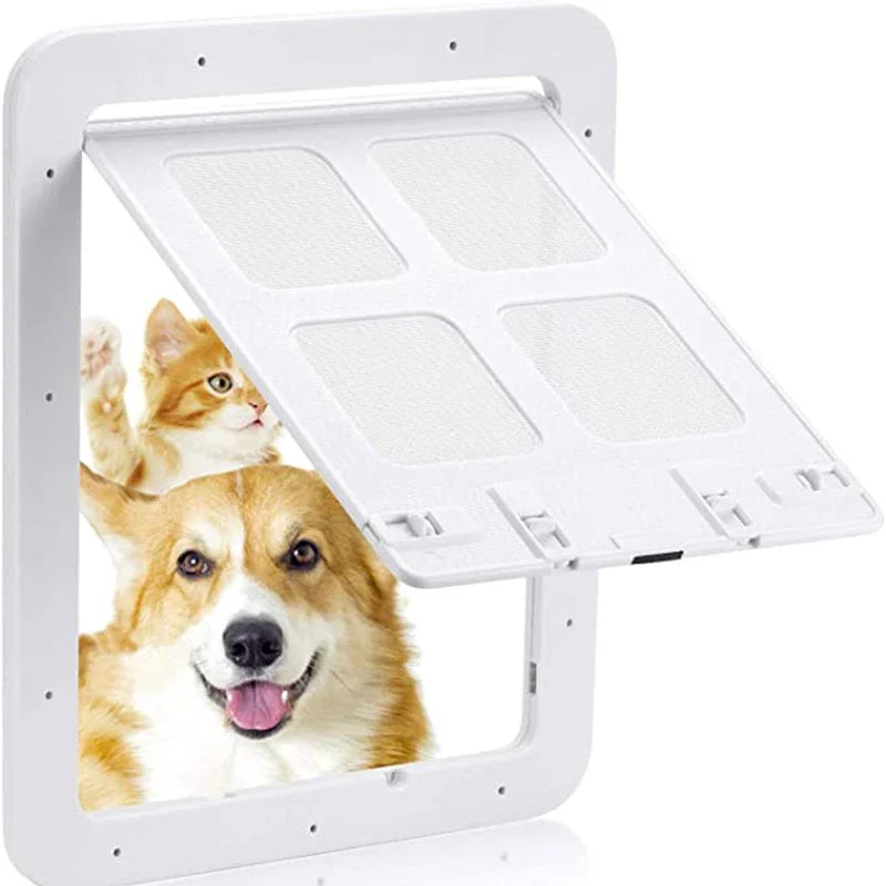 Magnetic lockable pet screen door for cats and small to medium dogs, fits window or gate mounts, available in two sizes.