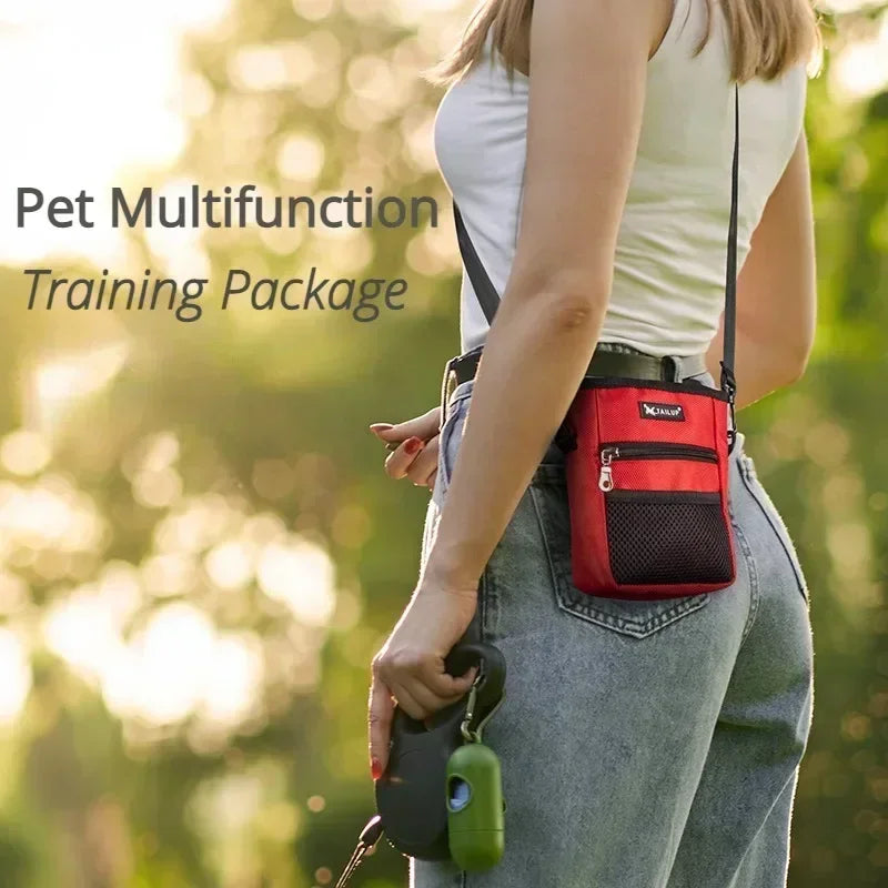 Gray portable foldable dog and cat training treat pouch waist bag from FanzyMarket, hands-free Oxford snack carrier for pets.