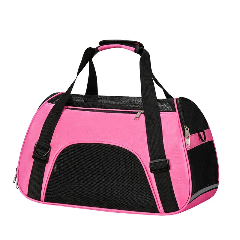 FanzyMarket portable mesh pet carrier for cats and small dogs, foldable, breathable travel handbag with green fabric and sturdy handles.