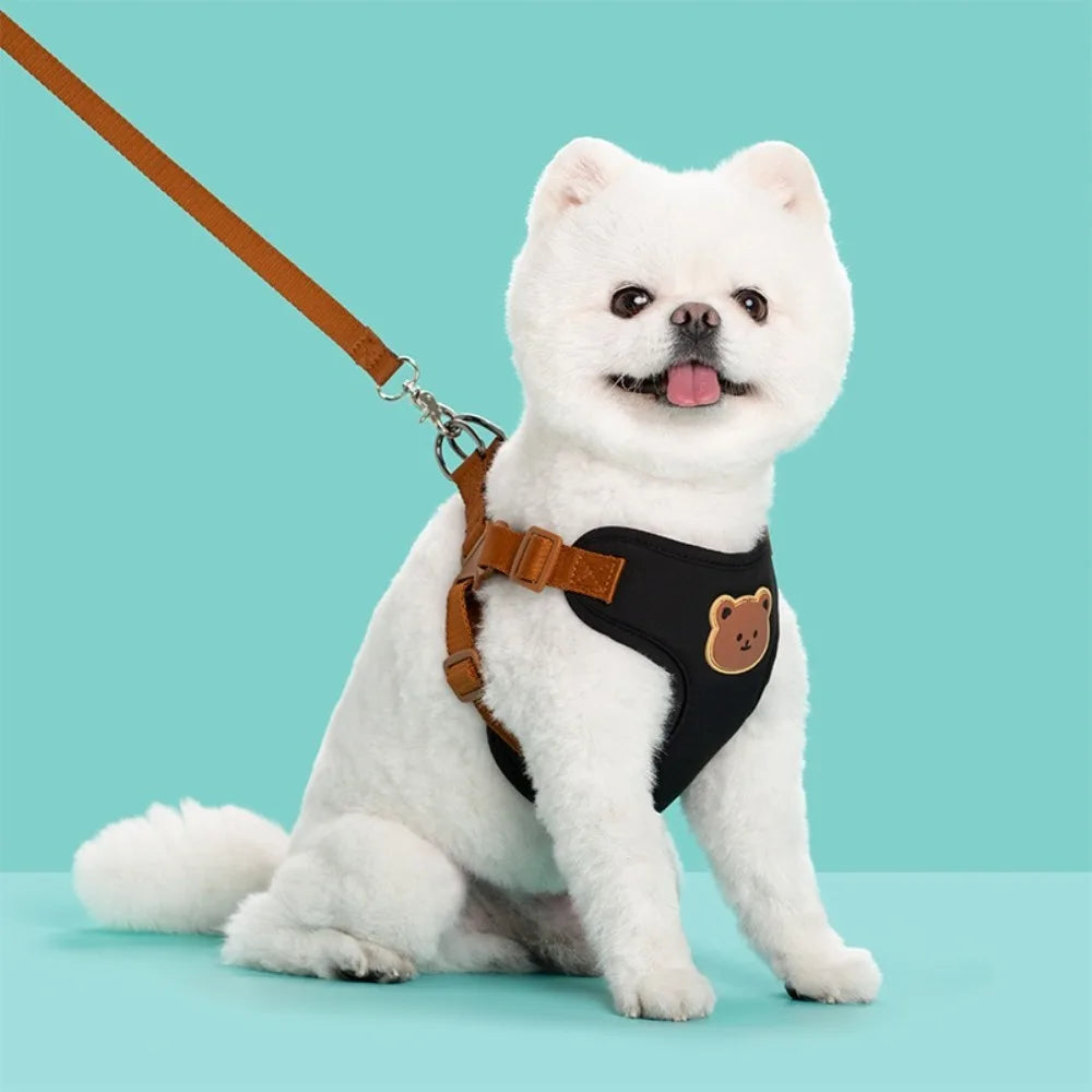 Green adjustable no-pull pet harness and leash for small and medium dogs and cats, featuring anti-escape chest strap.