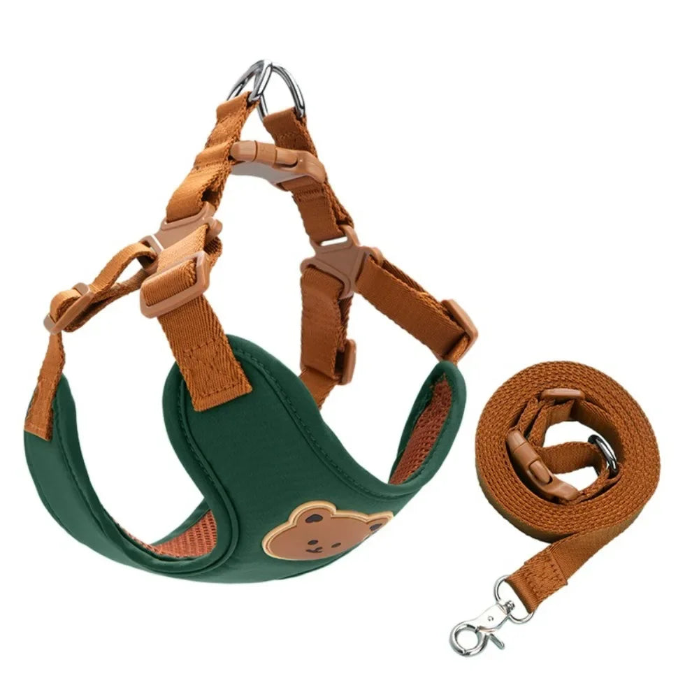 Green adjustable no-pull pet harness and leash with anti-escape chest strap for small and medium dogs and cats by FanzyMarket.