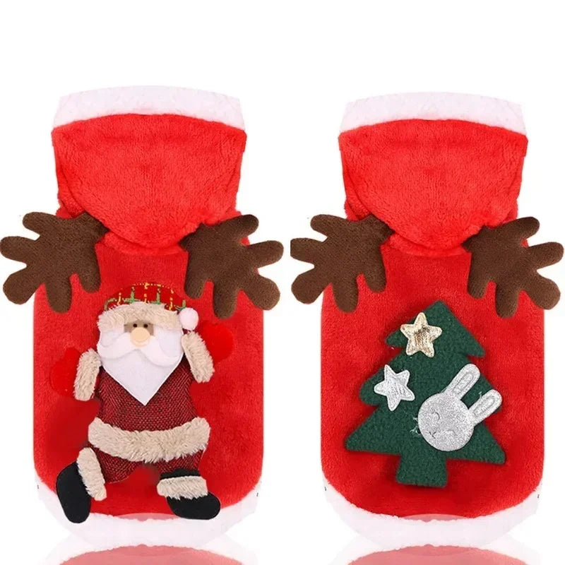 Green Christmas dog hoodie by FanzyMarket with reindeer and Santa fleece design, winter warm pet jacket for small to medium dogs.