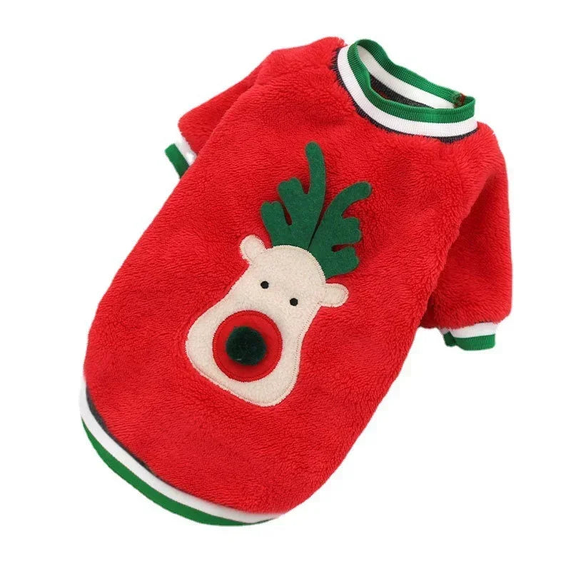 Green Christmas dog hoodie with reindeer and Santa print, cozy fleece coat for small to medium dogs, FanzyMarket pet apparel.