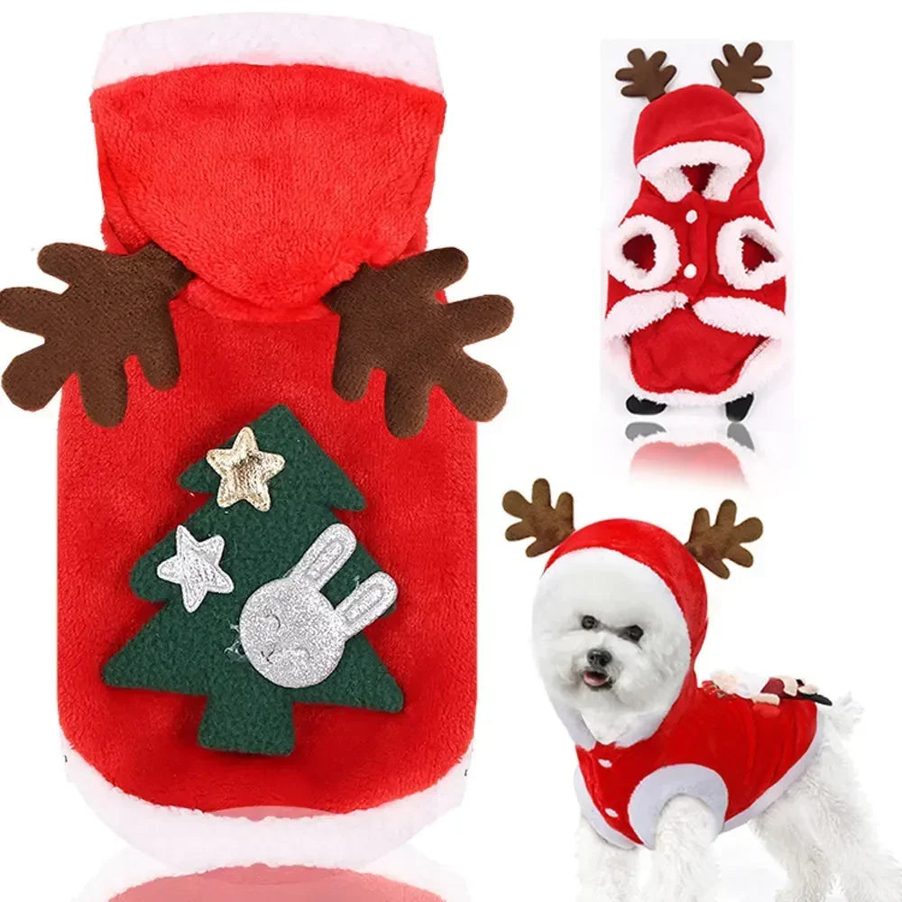 FanzyMarket Christmas dog hoodie with reindeer and Santa design, warm fleece coat for small to medium dogs, winter pet jacket.