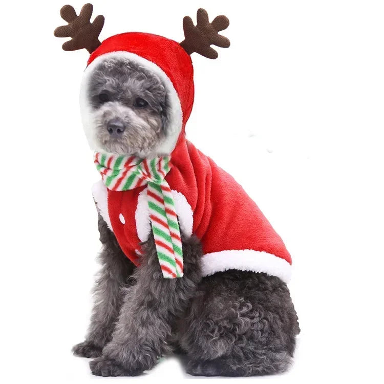 Green Christmas dog hoodie featuring reindeer and Santa design, warm fleece coat for small to medium dogs by FanzyMarket.