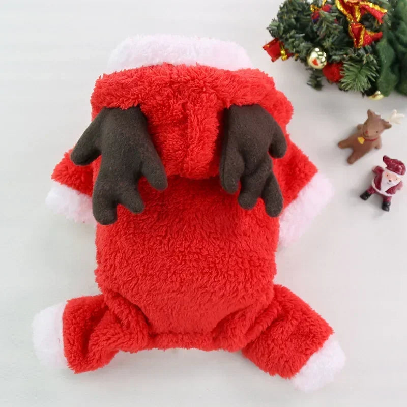 Green Christmas dog hoodie with reindeer and Santa designs, warm fleece coat for small to medium dogs by FanzyMarket.