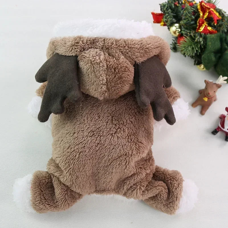 Green Christmas dog hoodie with reindeer and Santa designs, fleece coat, warm winter pet jacket for small to medium dogs.