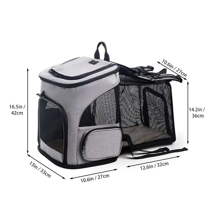 FanzyMarket breathable foldable pet carrier backpack for cats and small dogs, expandable, fits pets up to 6.5 kg, grey.
