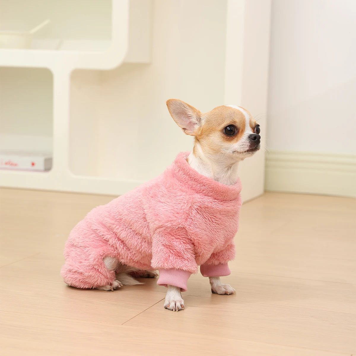 FanzyMarket warm flannel dog jumpsuit in grey, cozy four-leg pet coat for small and medium dogs and cats like Chihuahua and Yorkie.