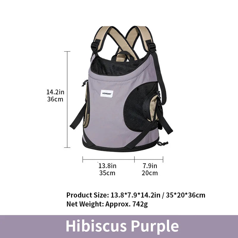 FanzyMarket breathable front-carrier pet backpack for dogs and cats, purple hibiscus design, comfortable shoulder strap, lightweight travel bag.