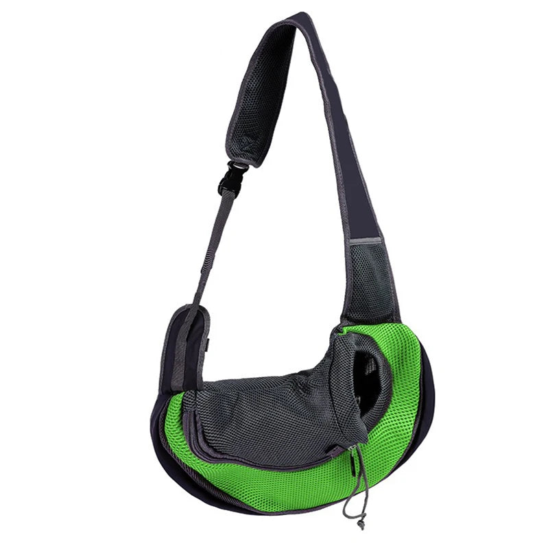 Light blue FanzyMarket portable nylon pet carrier sling for small dogs and cats, hands-free shoulder crossbody bag.