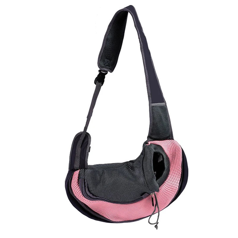 Light blue FanzyMarket portable nylon pet carrier sling for small dogs and cats, hands-free shoulder crossbody bag.
