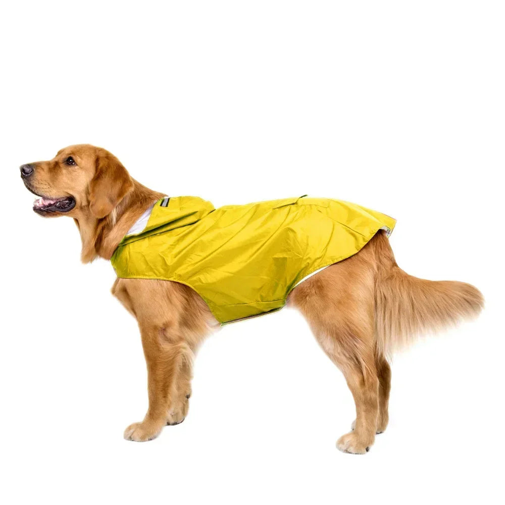 Red waterproof dog raincoat hoodie with reflective stripe, leash hole, and storage pocket by FanzyMarket, available in sizes S to 6XL.