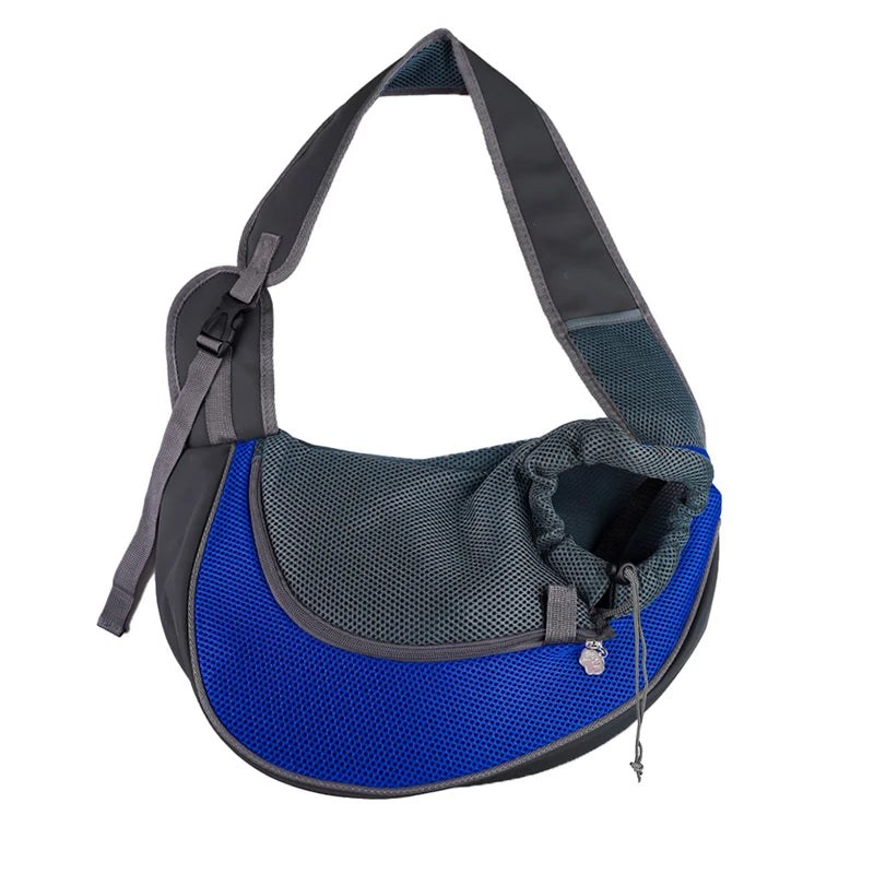 FanzyMarket pet sling carrier shoulder bag for small dogs and cats, mesh crossbody travel carrier in lake blue.