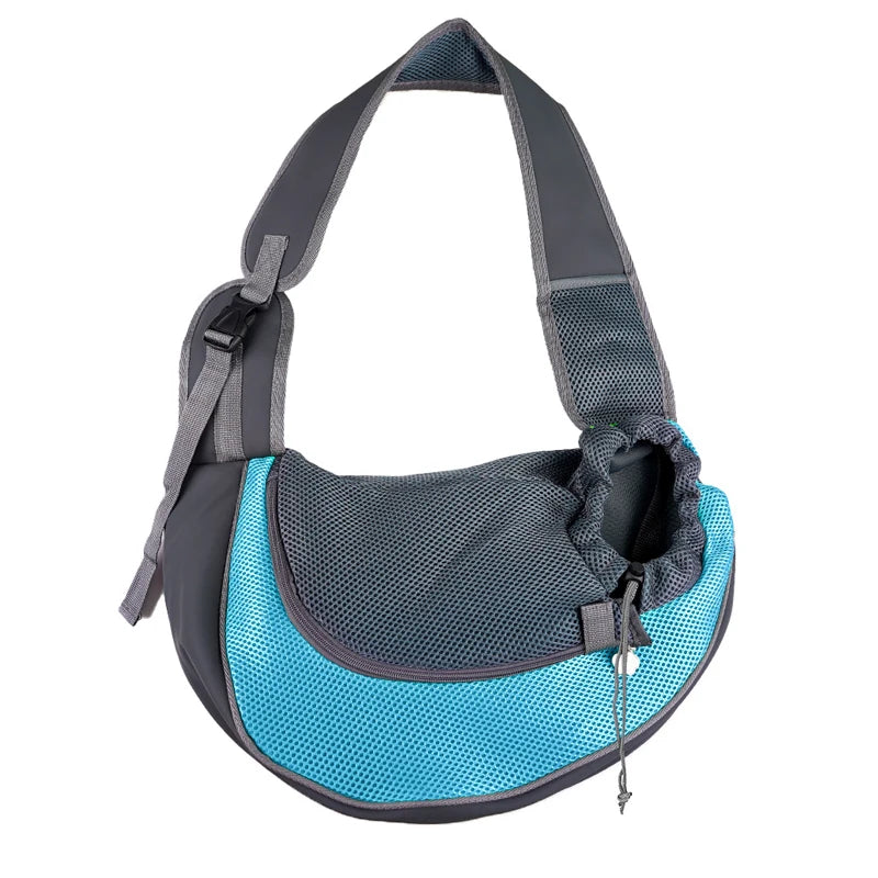 FanzyMarket pet sling carrier shoulder bag with mesh for small dogs and cats, crossbody travel carrier in lake blue.