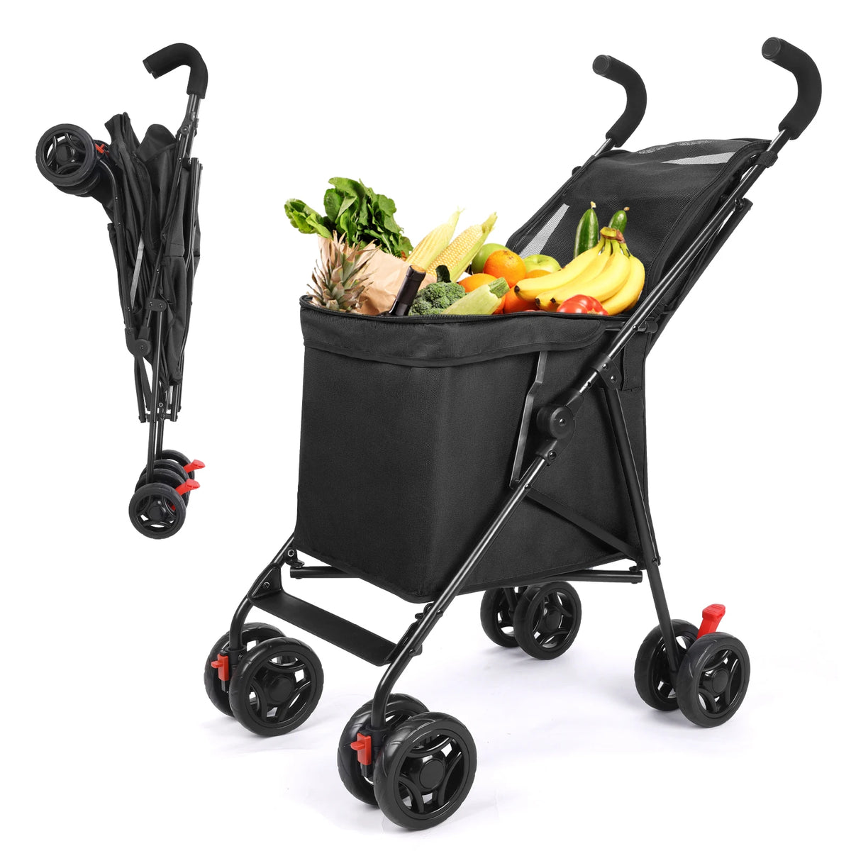 FanzyMarket folding multi-use shopping cart and pet stroller in light green, lightweight, portable, with foldable design for market and picnic.