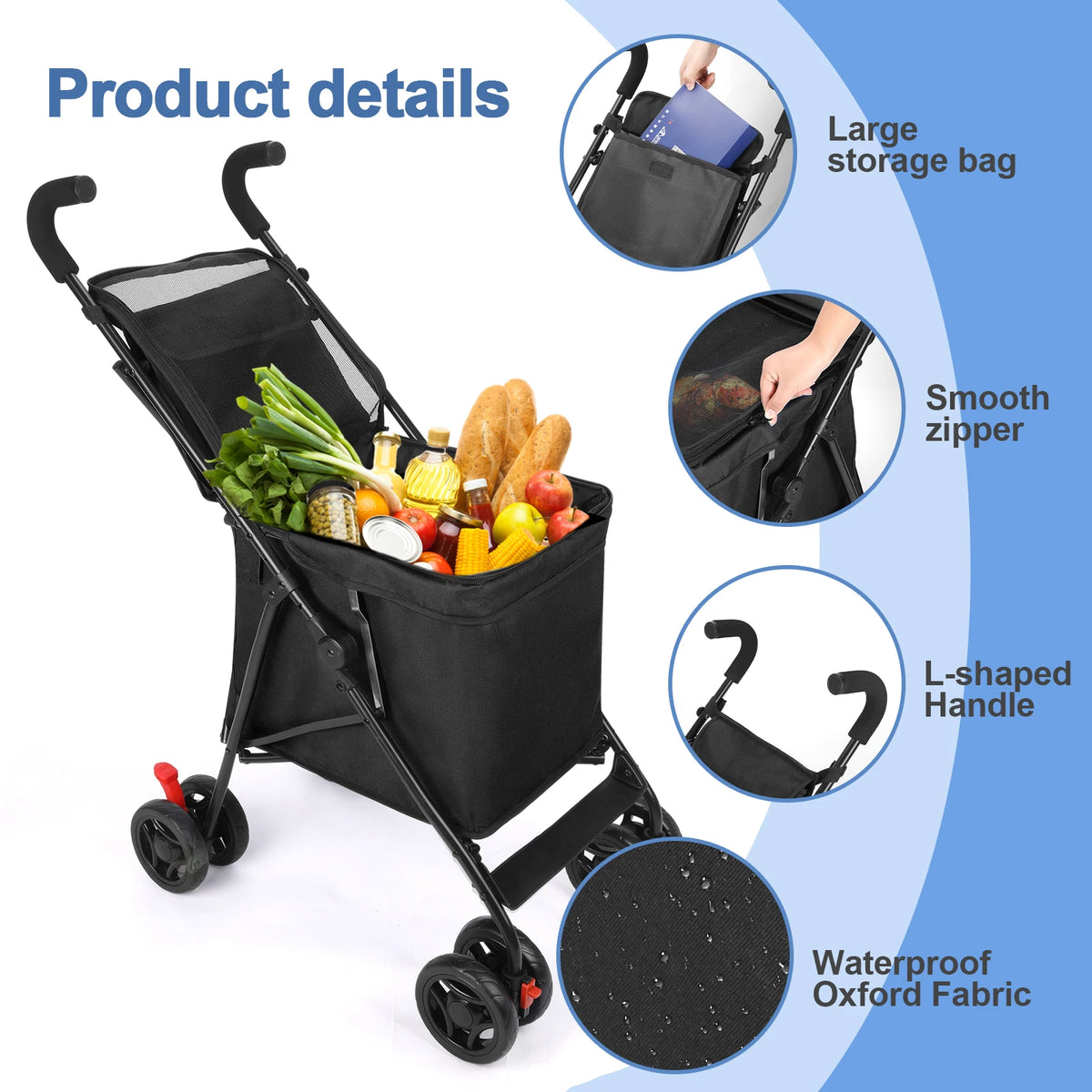 Light green FanzyMarket folding multi-use shopping cart and pet stroller with handle and wheels, designed for market and picnic outings.