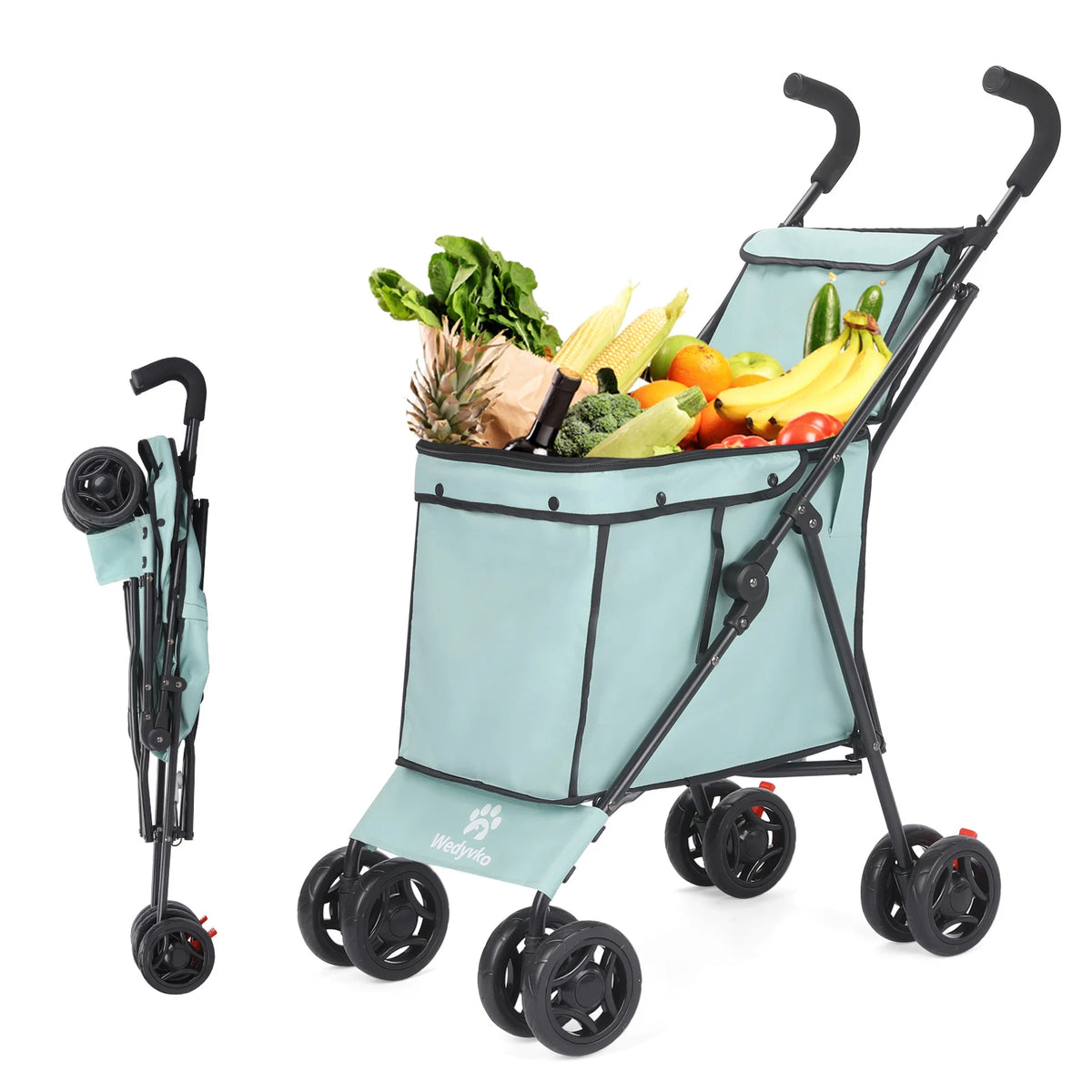 FanzyMarket lightweight folding shopping cart and pet stroller in light green, portable and versatile for market and picnic use.