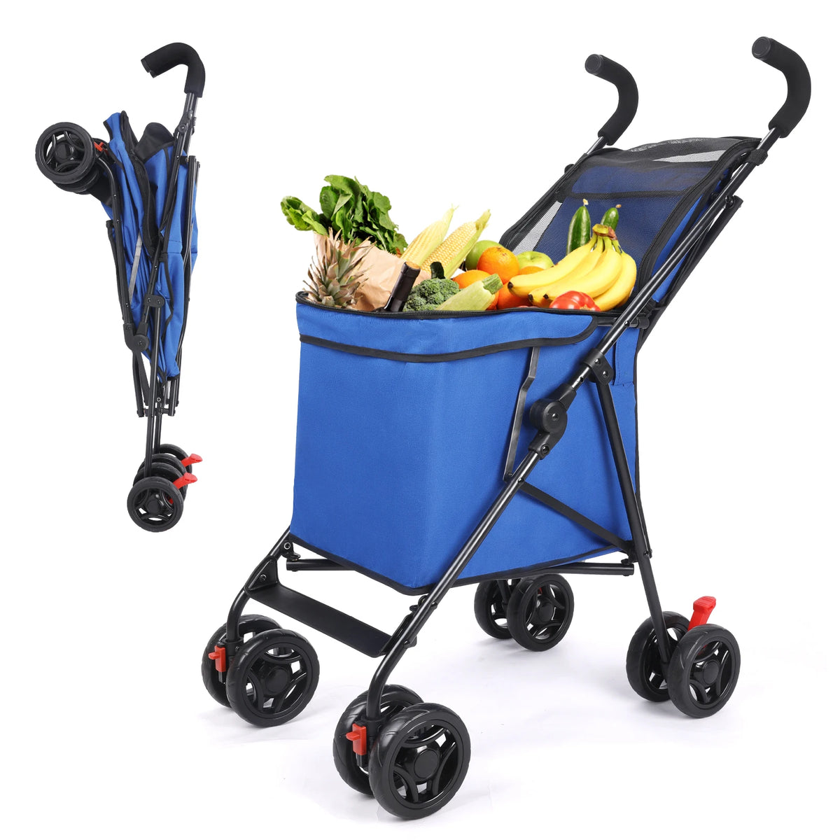 FanzyMarket folding pet stroller and shopping cart in light green, lightweight and foldable for market trips and picnics.