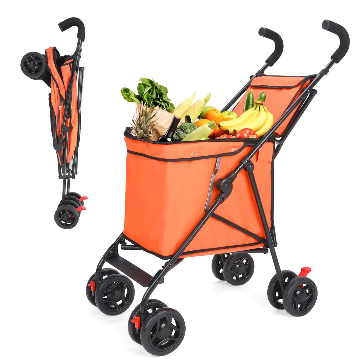 Light green FanzyMarket folding pet stroller and shopping cart, lightweight, portable, with a foldable design for market and picnic use.