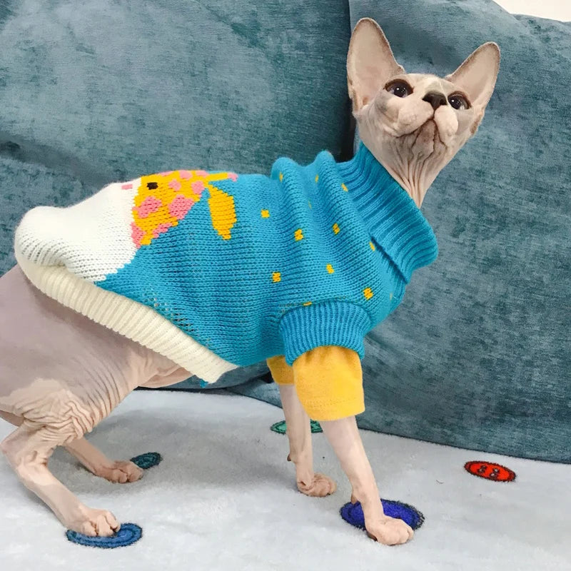 Cute cartoon cat sweater pullover by FanzyMarket, navy knit winter pet coat for small cats and breeds, warm and cozy for winter.