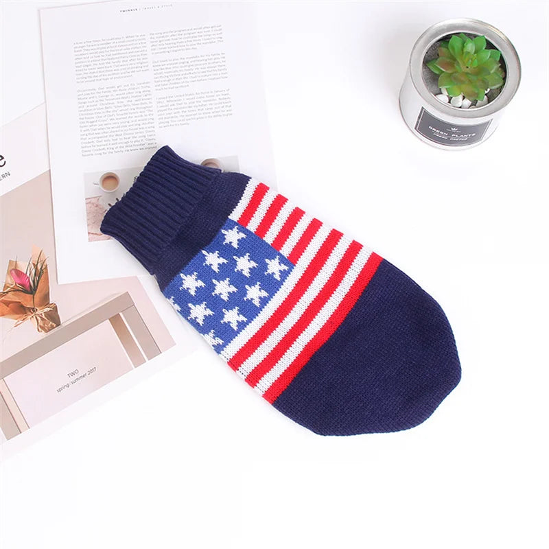 Cute cartoon cat sweater pullover from FanzyMarket, warm winter knit pet coat for small cats and breeds, navy color with playful design.