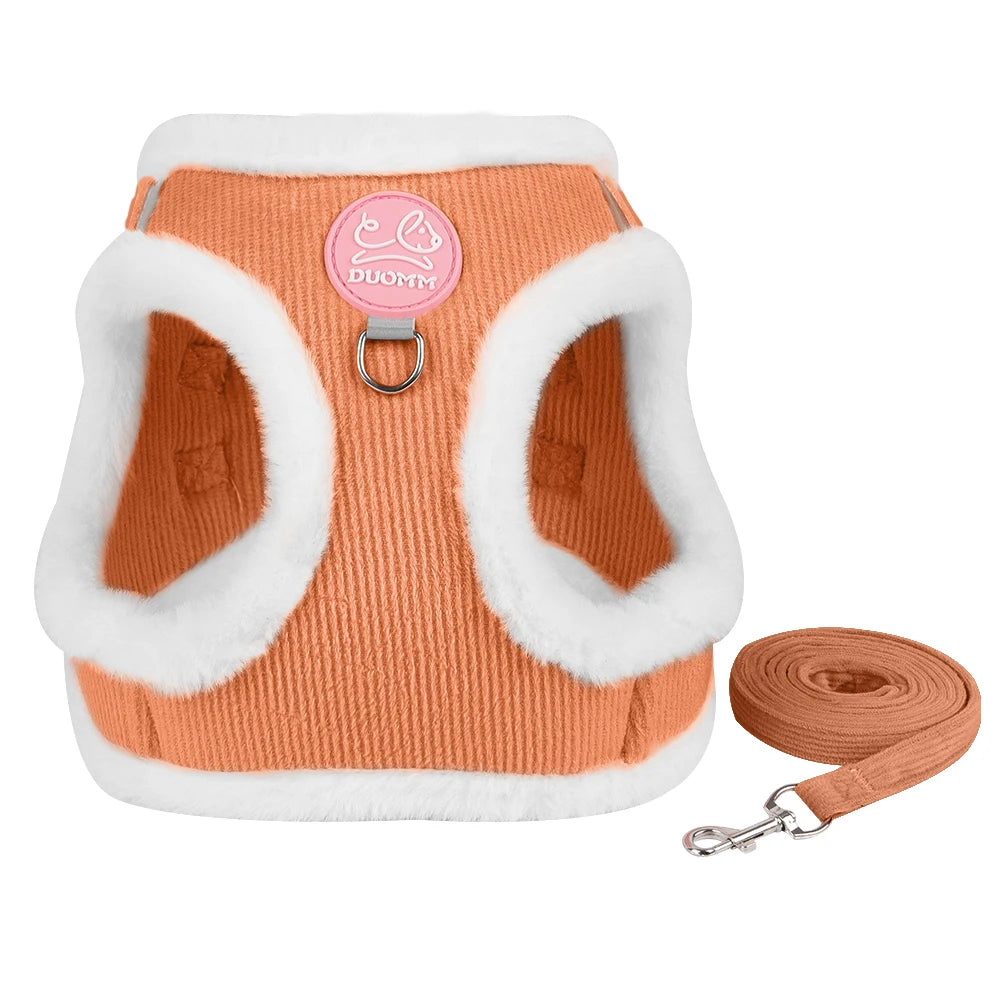 FanzyMarket fur-lined winter dog harness and leash set in orange for small dogs like Chihuahua and Yorkie, plush and warm.