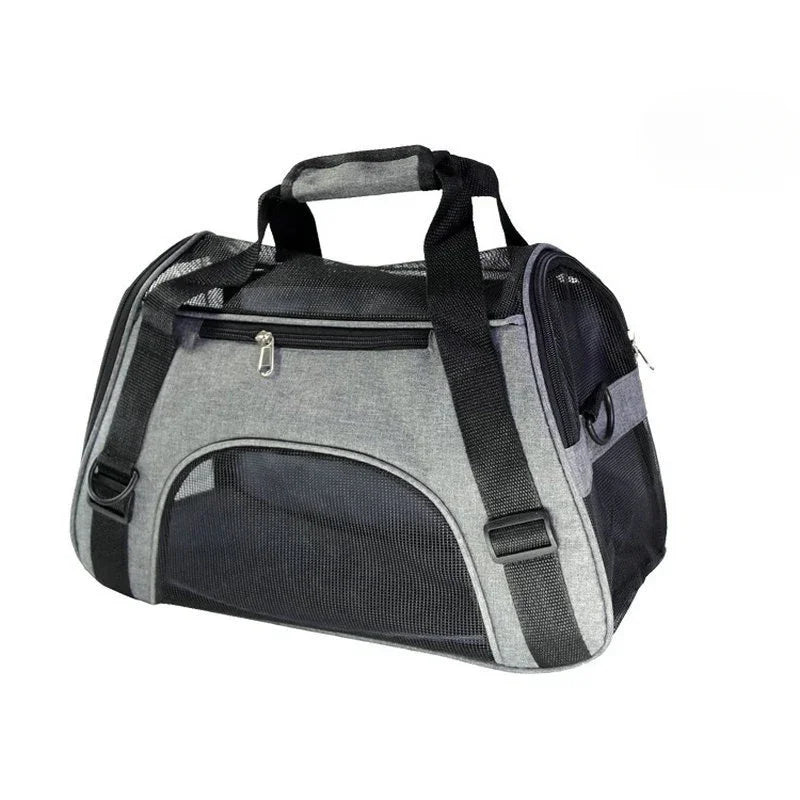 Pink portable mesh pet carrier bag by FanzyMarket, foldable and breathable for small cats and dogs, ideal for travel.