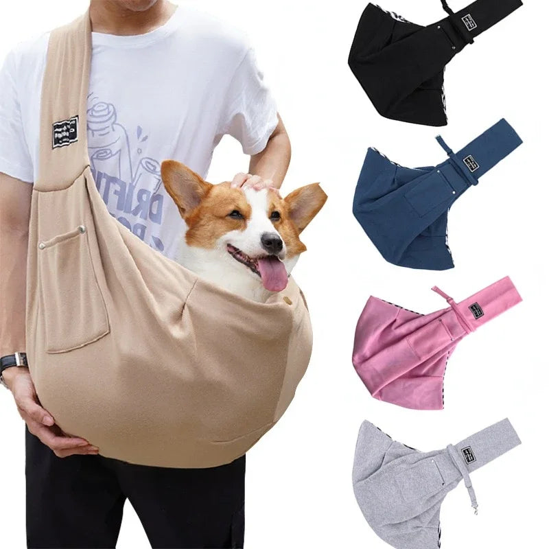 Pink pet sling carrier for small dogs and cats, FanzyMarket portable crossbody travel bag holds up to 7.5 kg.