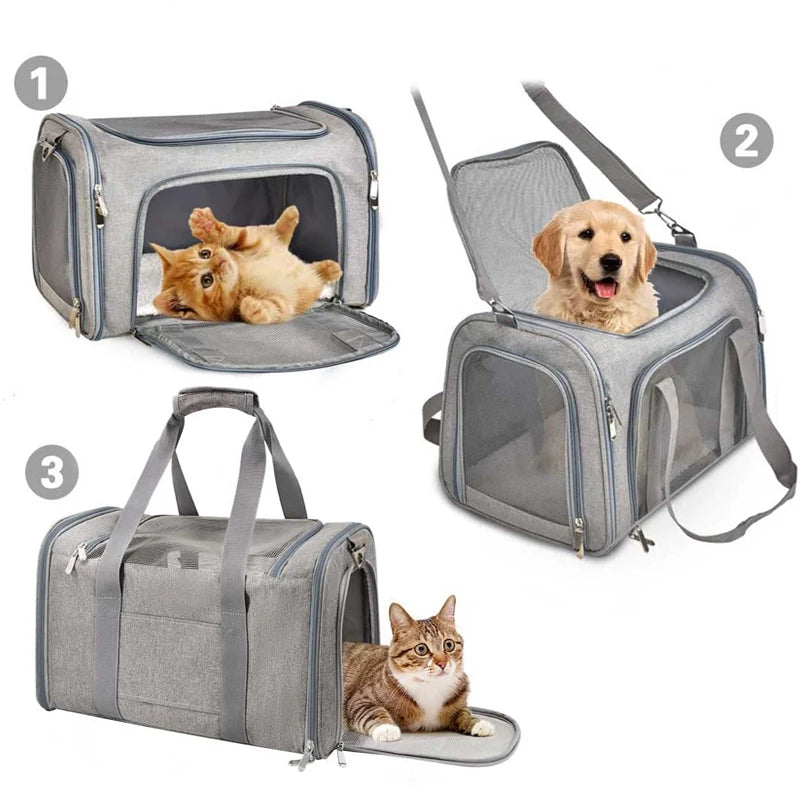 Pink FanzyMarket soft-sided pet carrier backpack for dogs and cats, airline approved, foldable nylon, suitable for M, L, XL sizes.