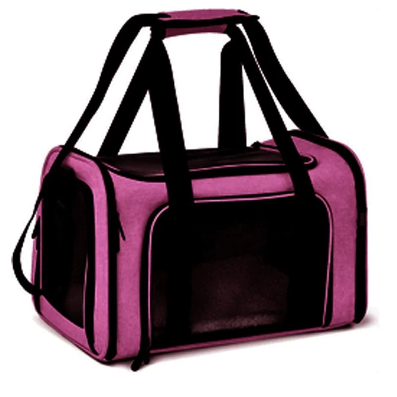 Pink FanzyMarket soft-sided pet carrier backpack for dogs and cats, airline approved, foldable nylon design in XL size.