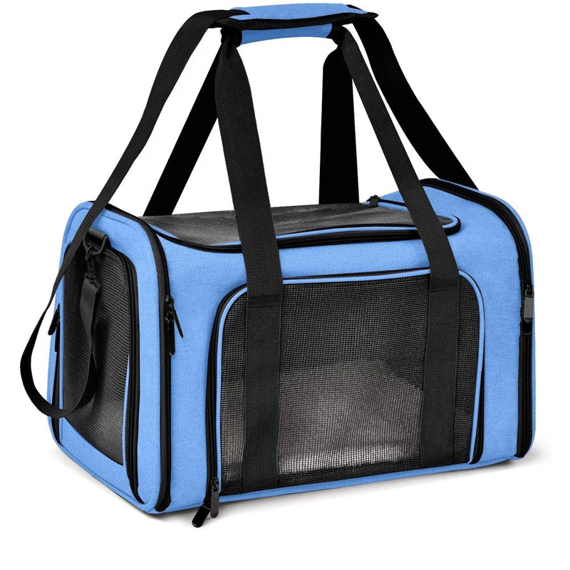 Pink FanzyMarket soft-sided pet carrier backpack for dogs and cats, airline approved, foldable nylon design in XL size.