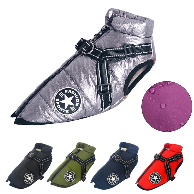 FanzyMarket waterproof winter dog jacket with built-in harness, fleece lining, and reflective details for small to large breeds.