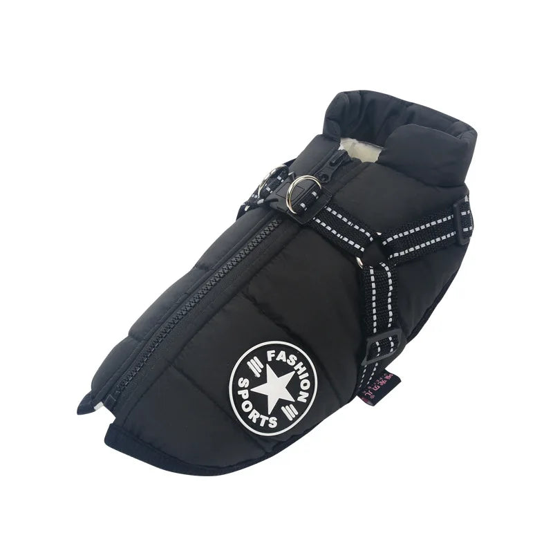 Purple waterproof winter dog jacket with built-in harness, fleece lining, and reflective details for small to large breeds.