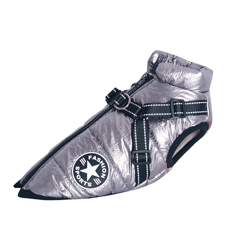 FanzyMarket waterproof winter dog jacket with built-in harness, fleece lining, and reflective details for small to large breeds.