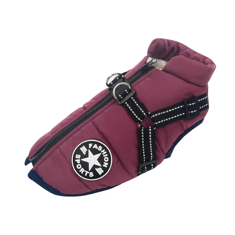 FanzyMarket waterproof winter dog jacket with built-in harness, fleece-lined interior, and reflective details for small to large breeds.