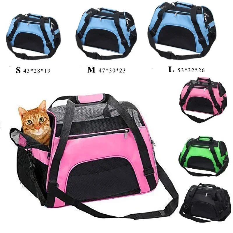 FanzyMarket portable mesh pet carrier bag for small dogs and cats, breathable foldable travel handbag in purple.