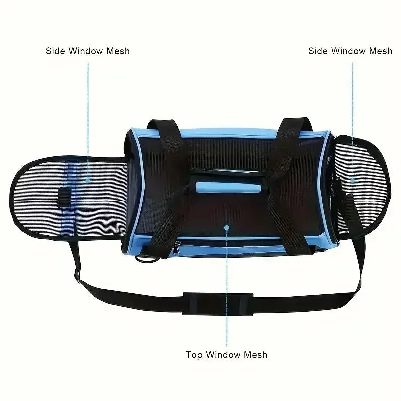 FanzyMarket portable mesh pet carrier bag for small dogs and cats, breathable foldable travel handbag in purple, 43x30x20cm.