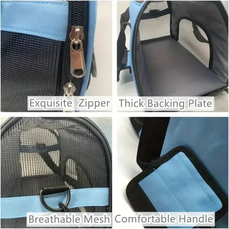 FanzyMarket portable mesh pet carrier bag for small dogs and cats, breathable, foldable travel handbag in purple.
