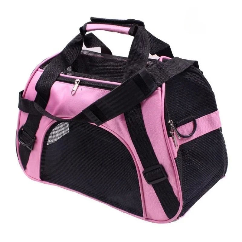 Purple FanzyMarket portable mesh pet carrier bag for small dogs and cats, breathable, foldable travel handbag, 43x30x20cm.