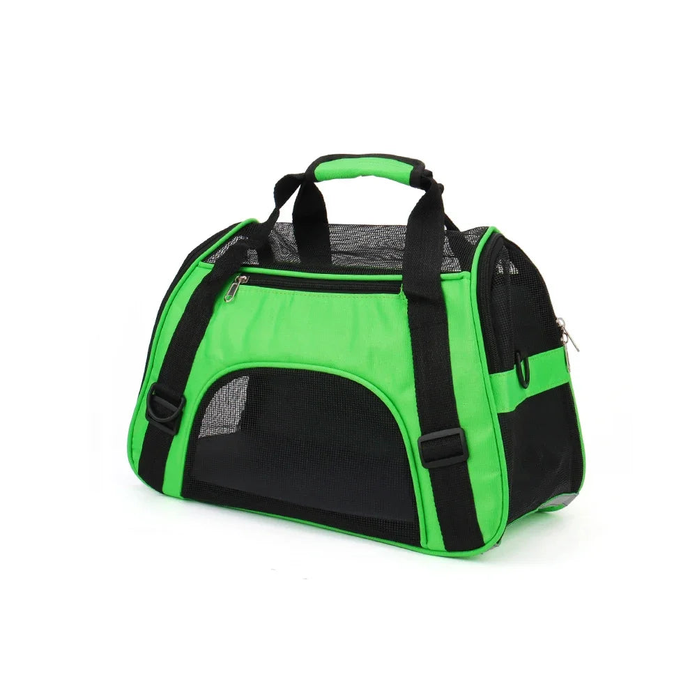 FanzyMarket portable mesh pet carrier bag in purple, breathable foldable travel handbag for small dogs and cats.