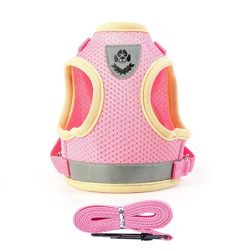 Purple reflective adjustable dog and cat harness vest set with 1.5m leash, breathable mesh for puppies and kittens.