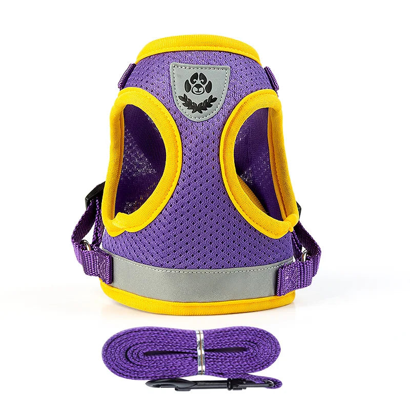 Reflective adjustable pet harness vest set for dogs and cats with breathable mesh and 1.5m leash, available in purple.