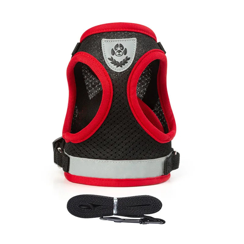Purple reflective adjustable dog and cat harness vest set with 1.5m leash, breathable mesh for puppies and kittens.