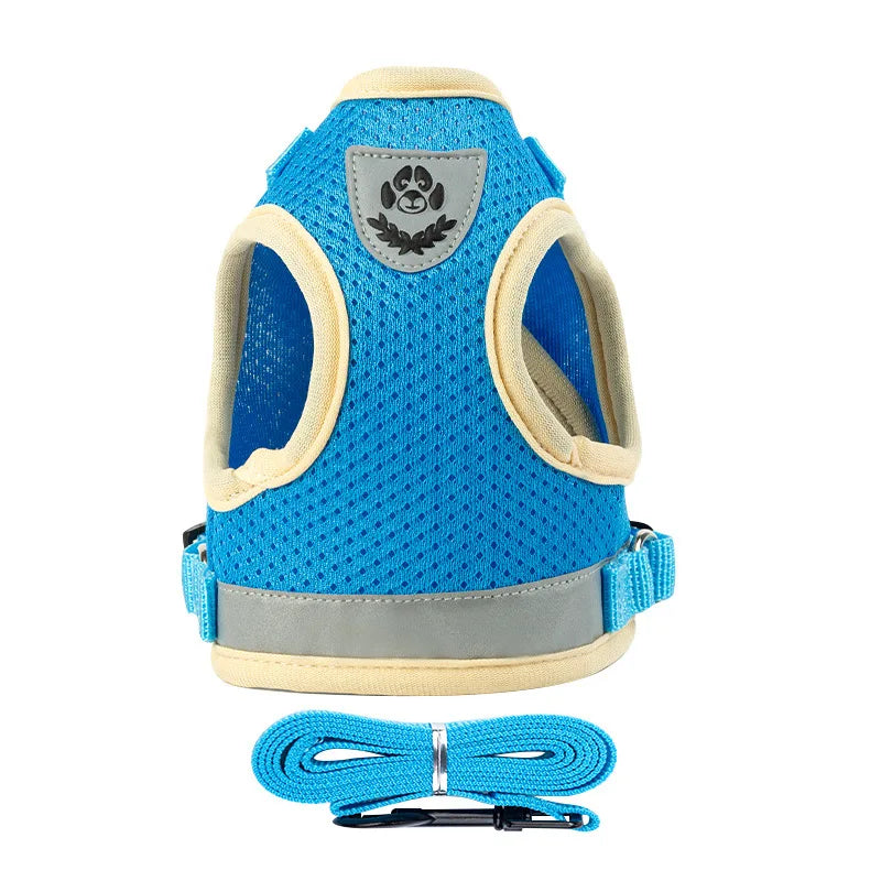 FanzyMarket reflective adjustable dog and cat harness vest set with breathable mesh and 1.5m leash, suitable for puppies and kittens.
