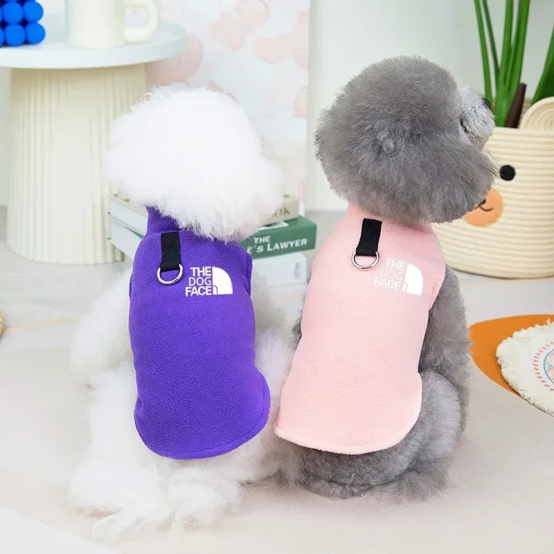 Purple fleece warm dog sweater vest for small breeds like Chihuahua, French Bulldog, and Yorkie, perfect for autumn winter.